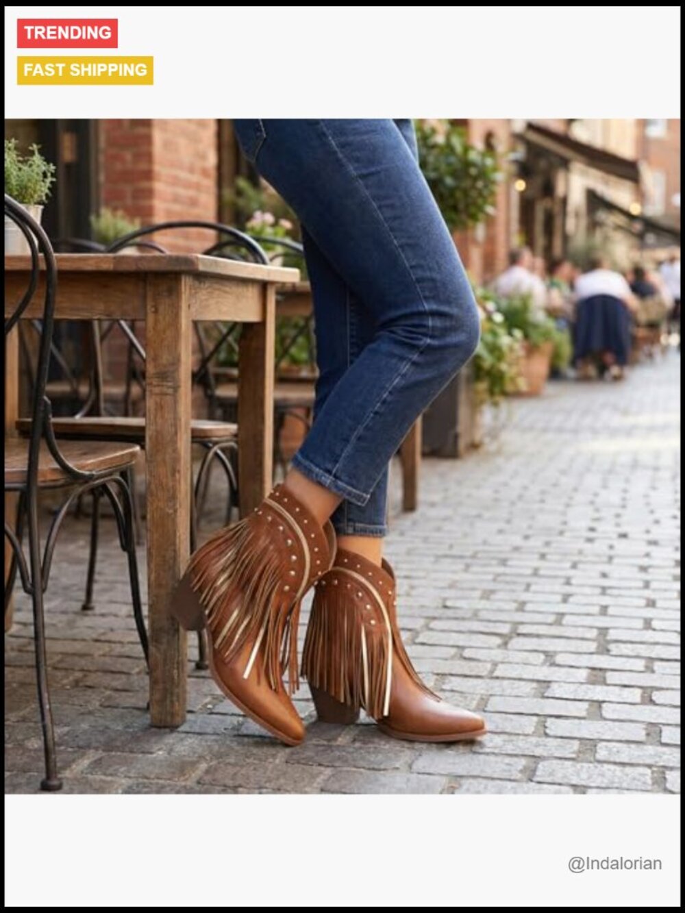 Pointed Toe Cowgirl Boots with Fringe Ankle Booties Block Heel PU Leather - Picture 5 of 7